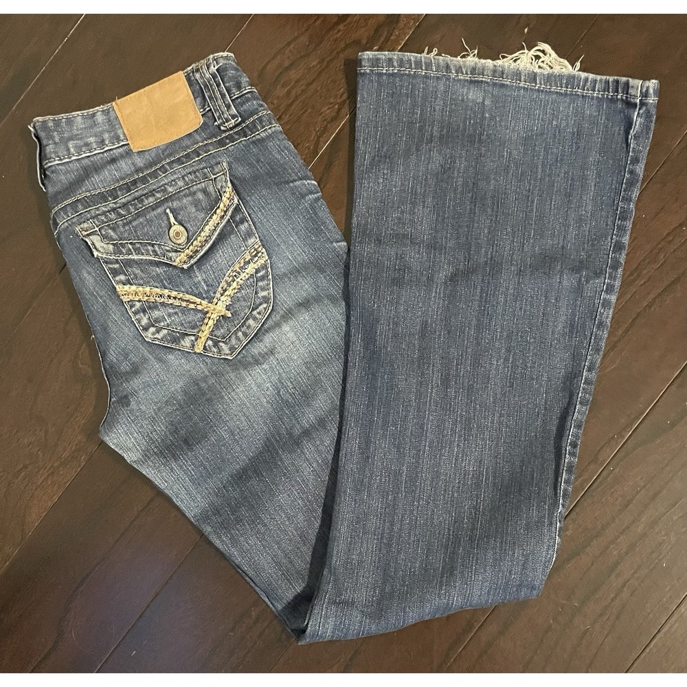 Amethyst Flare Bootcut Jeans Women 9 Distressed Low Rise Thick Stitch Y2K Boho